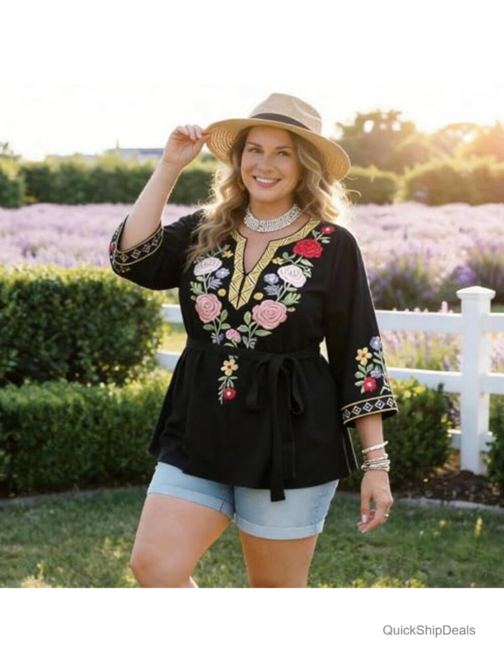 Women's Mexican Embroidered Boho Tunic Top 3/4 Sleeve Peasant Blouse Cotton - Picture 2 of 6